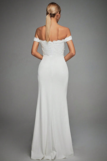 Robe de mariée longue sirène ivoire à épaule dénudée avec fente